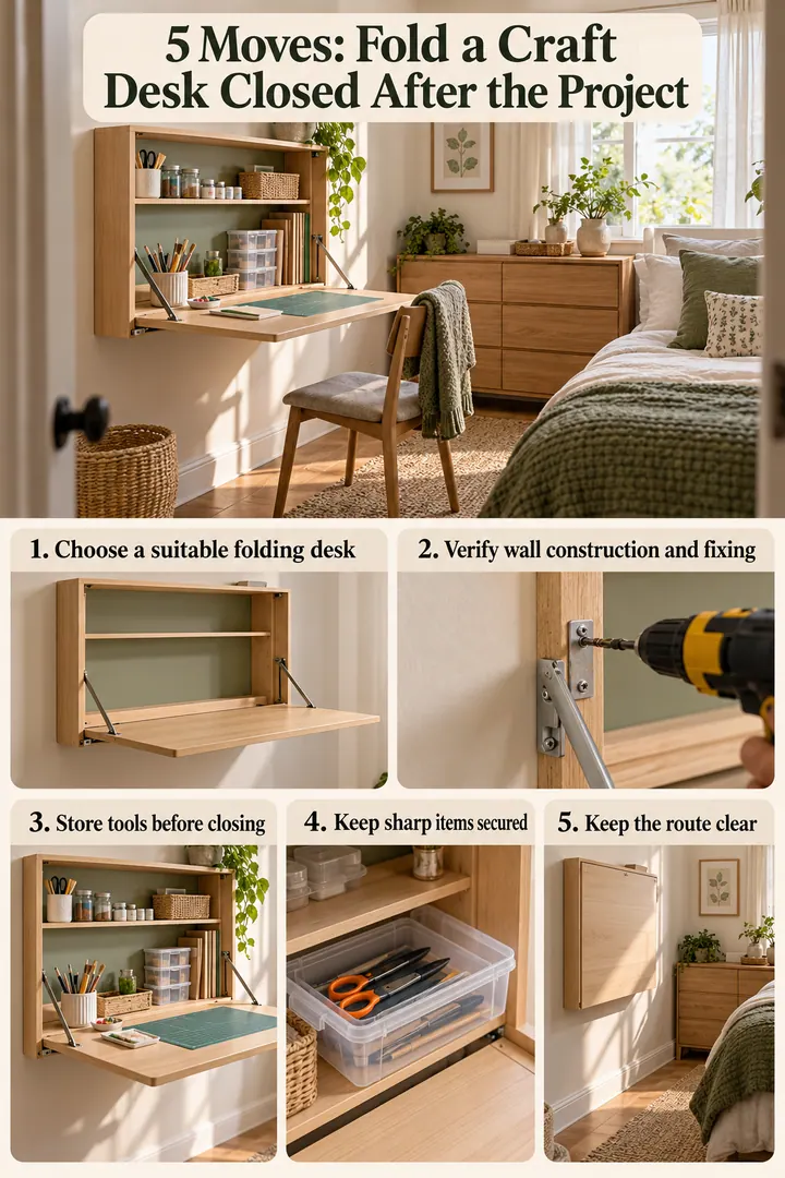 Numbered Ideas Infographic of folding wall desk craft station in Multiuse bedroom showing choose a suitable folding desk.