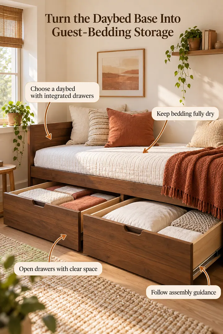 Annotated Educational Photo of daybed drawer bedding storage in Studio sleep zone showing choose a daybed with integrated drawers.