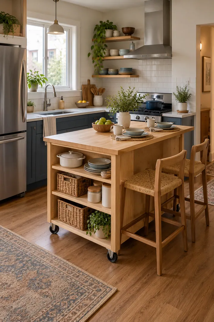 Clean Photo of rolling kitchen island dining perch in Tiny kitchen showing choose lockable casters.