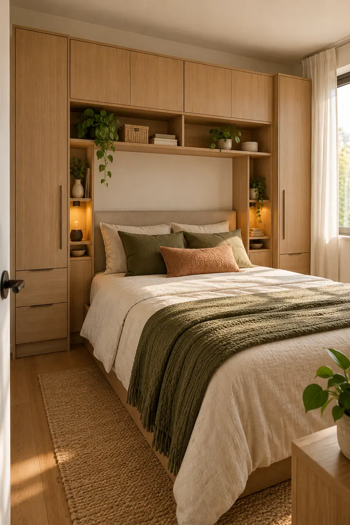 Detail/Lifestyle Photo of storage headboard wardrobe bridge in Tiny bedroom showing choose integrated headboard storage.