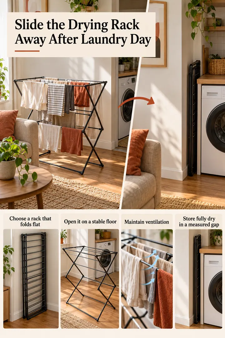 Editorial Educational Collage of fold-flat drying rack cabinet gap in First apartment laundry corner showing choose a rack that folds flat.