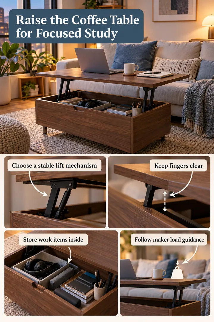 Room-by-Room Visual Guide of lift top coffee table study desk in Small living room showing choose a stable lift mechanism.