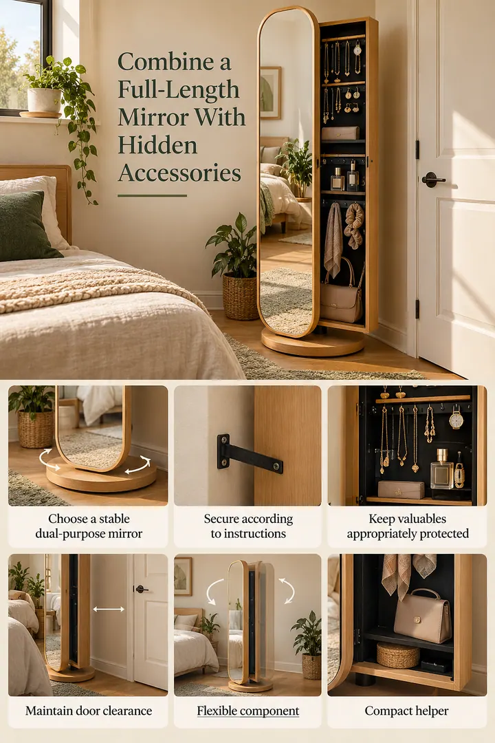 Budget Decor Catalog of rotating floor mirror accessory storage in Small bedroom showing choose a stable dual-purpose mirror.