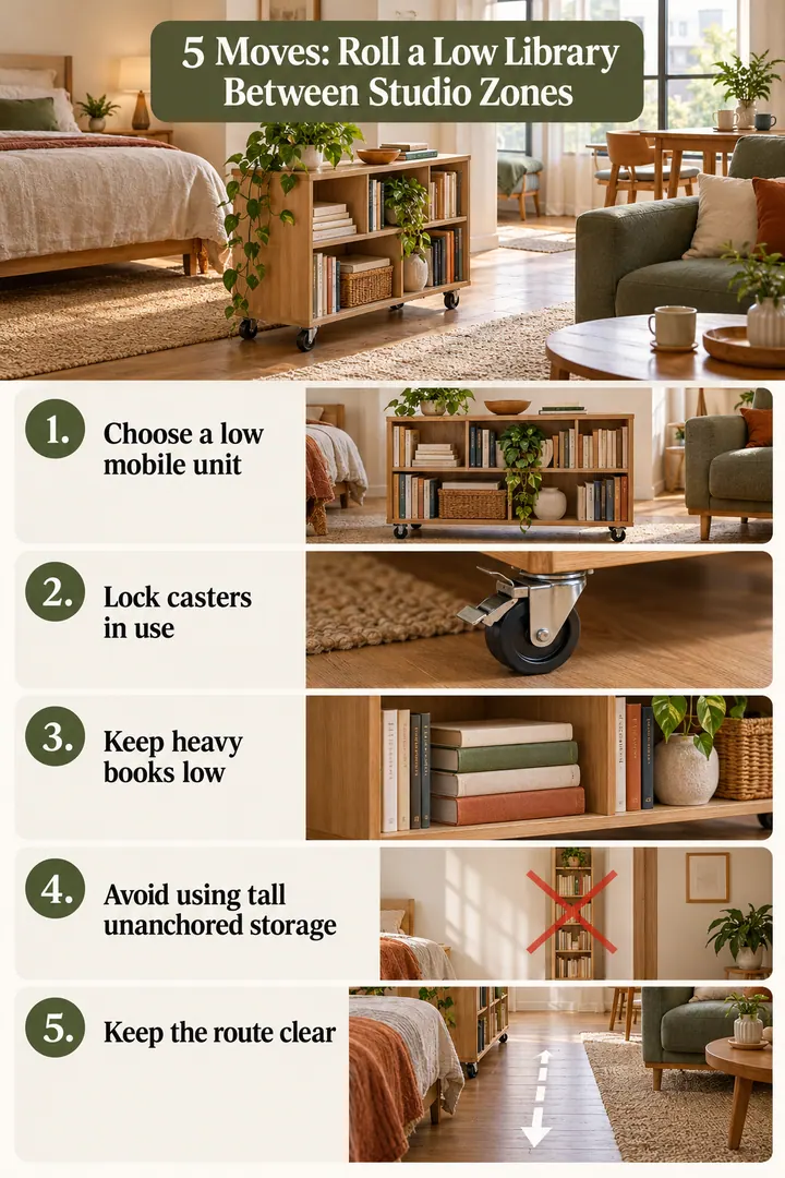 Numbered Ideas Infographic of mobile bookcase room cart in Studio apartment showing choose a low mobile unit.