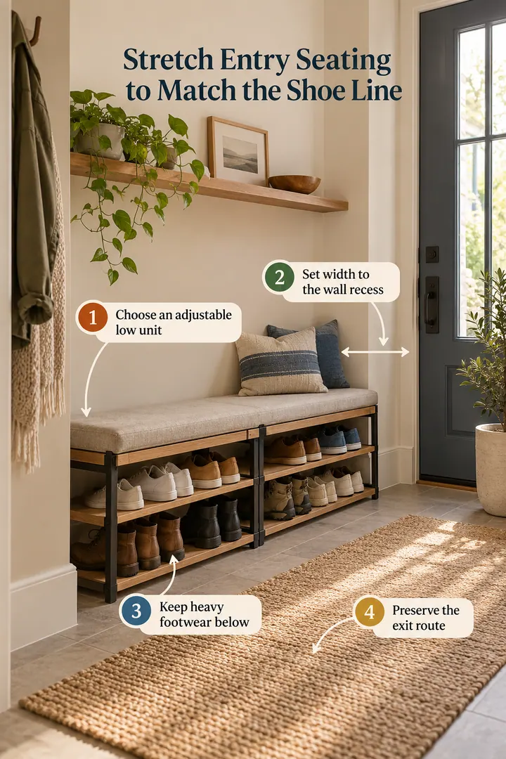 Annotated Educational Photo of expandable bench shoe rack in Narrow entryway showing choose an adjustable low unit.