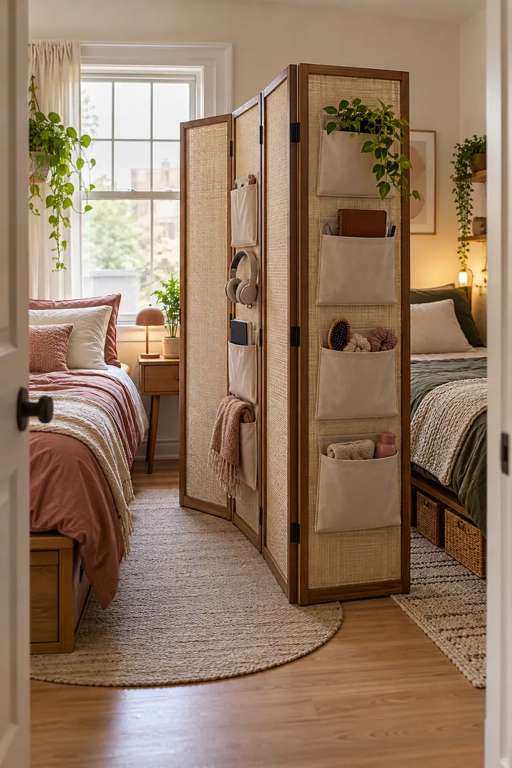 Clean Photo of folding screen with pocket storage in Shared bedroom showing choose a stable folding screen.