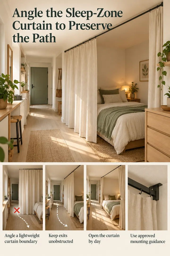 Editorial Educational Collage of curtain divider diagonal sleep zone in Long narrow studio showing angle a lightweight curtain boundary.