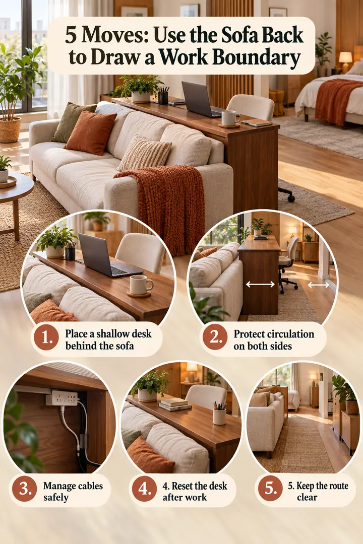 Numbered Ideas Infographic of sofa back shallow desk divider in Open studio showing place a shallow desk behind the sofa.