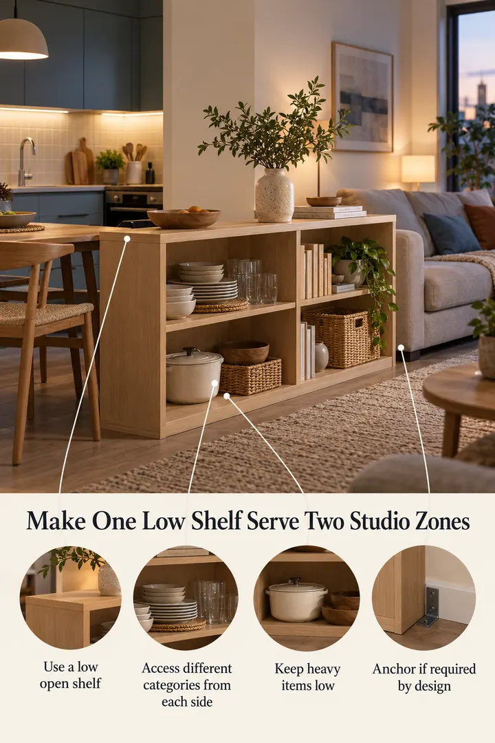 Annotated Educational Photo of two sided open shelf dining divider in Studio kitchen edge showing use a low open shelf.