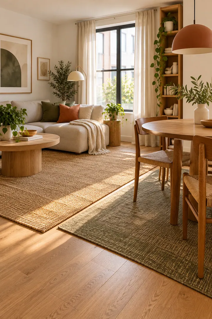 Clean Photo of rugs overlap transition zone in Square studio showing choose two coordinated rugs.