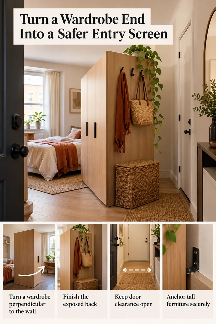Editorial Educational Collage of wardrobe end panel entry screen in Studio entrance showing turn a wardrobe perpendicular to the wall.