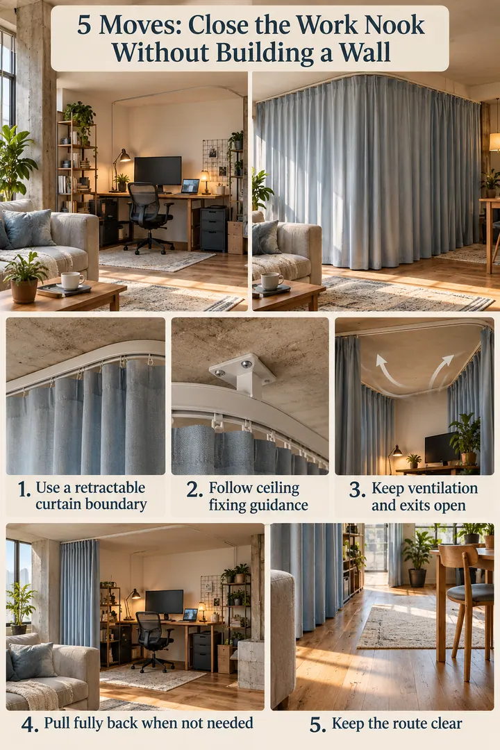 Numbered Ideas Infographic of ceiling track curtain work cocoon in Loft apartment showing use a retractable curtain boundary.