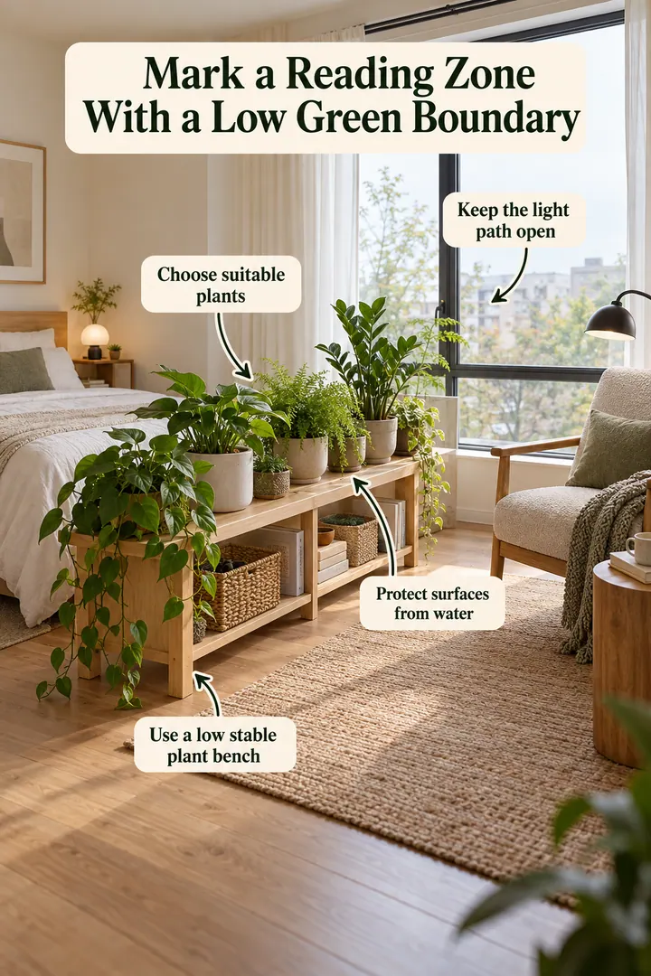 Annotated Educational Photo of plant bench low divider in Bright studio showing use a low stable plant bench.