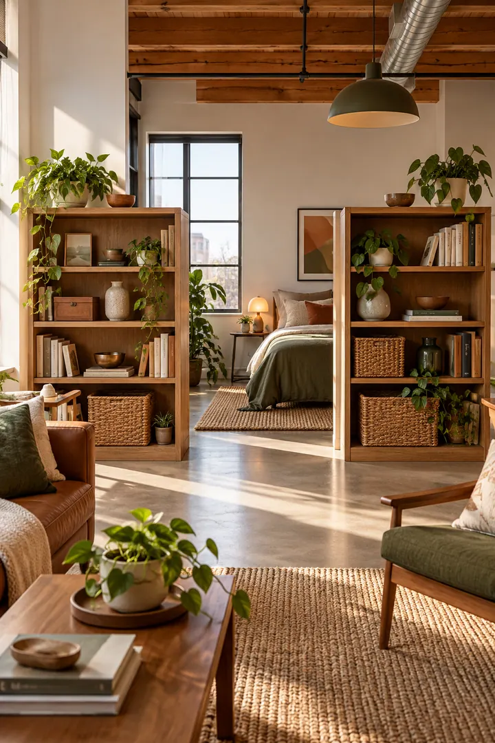 Clean Photo of paired bookcases pocket entry in Shared loft showing use two low bookcases with a gap.