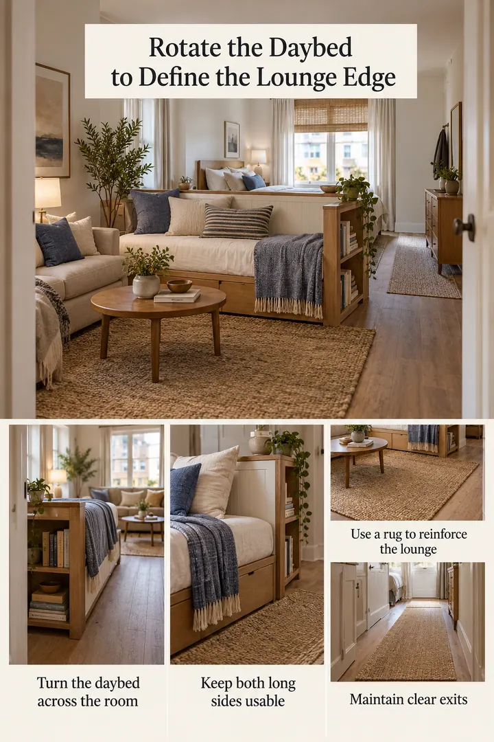 Editorial Educational Collage of daybed orientation room divider in Studio apartment showing turn the daybed across the room.
