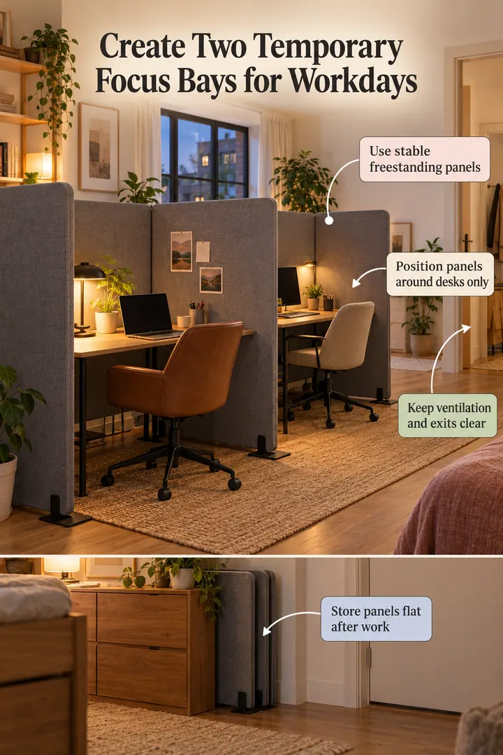 Annotated Educational Photo of portable acoustic panel desk divider in Shared studio office showing use stable freestanding panels.