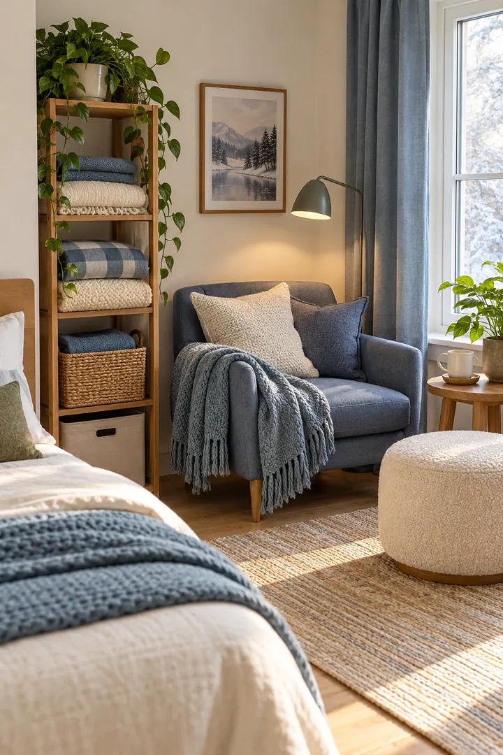 Clean Photo of cool blue winter reading corner in Small bedroom corner showing use cool blue on removable textiles.
