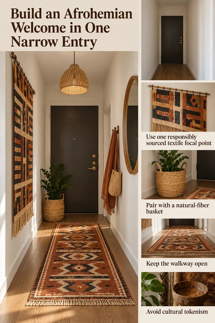 Editorial Educational Collage of afrohemian entry textile story in Tiny entryway showing use one responsibly sourced textile focal point.