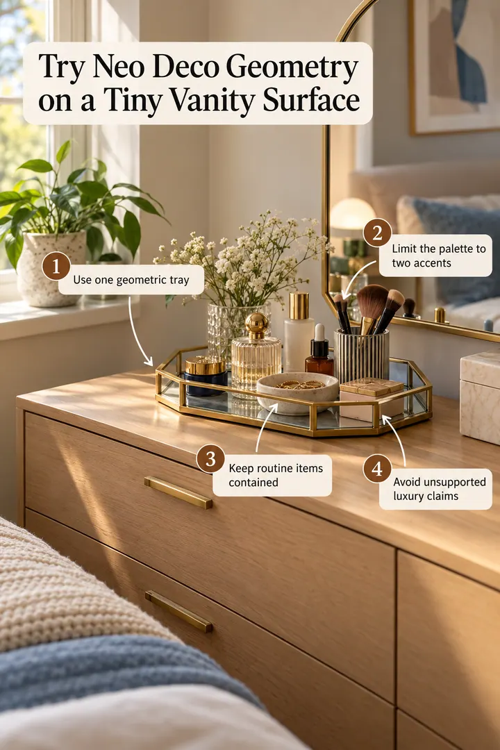 Annotated Educational Photo of neo deco vanity tray in Small bedroom dresser showing use one geometric tray.