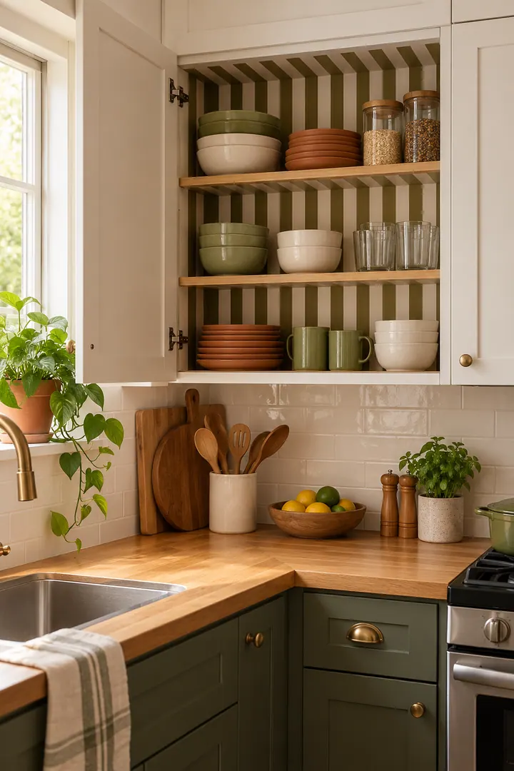 Clean Photo of funhaus striped cabinet interior in Rental kitchen cabinet showing apply pattern only to a removable cabinet liner.