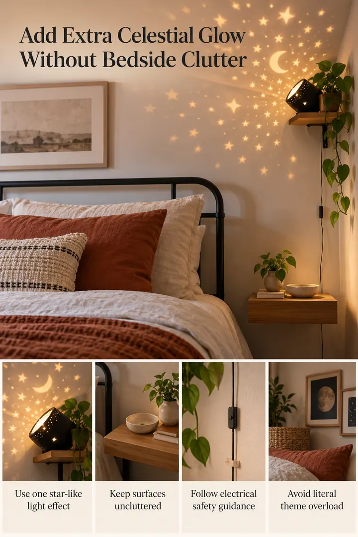 Editorial Educational Collage of extra celestial bedside glow in Compact bedroom showing use one star-like light effect.