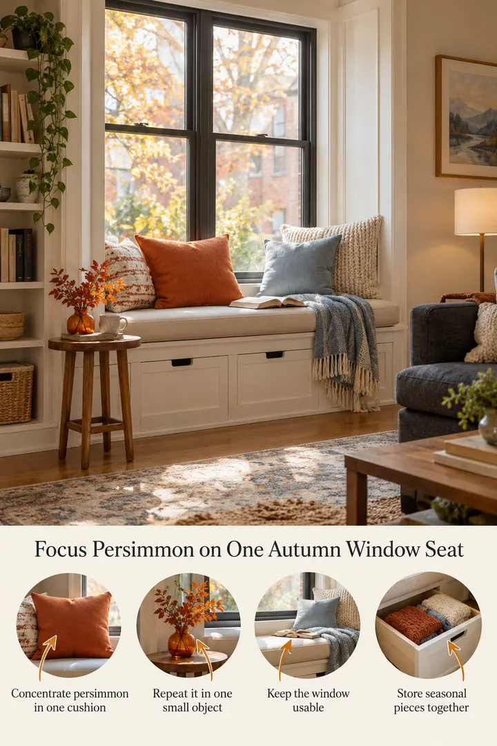 Annotated Educational Photo of persimmon autumn window seat in Small living room window showing concentrate persimmon in one cushion.