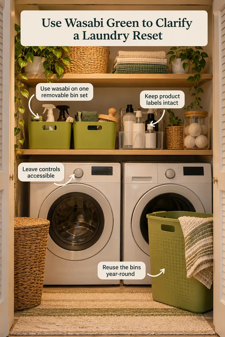 Annotated Educational Photo of wasabi spring utility refresh in Laundry closet showing use wasabi on one removable bin set.