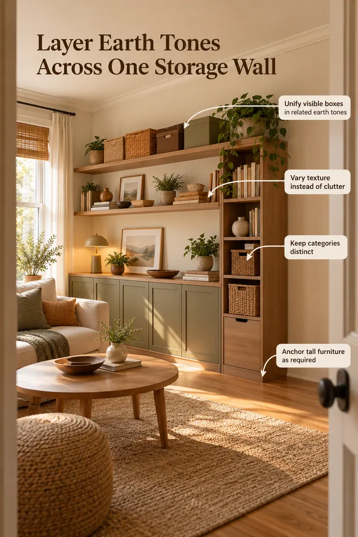 Annotated Educational Photo of warm earthy monochrome storage wall in Small living room showing unify visible boxes in related earth tones.