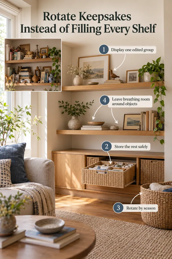 Annotated Educational Photo of curated keepsake shelf rotation in Studio living room showing display one edited group.