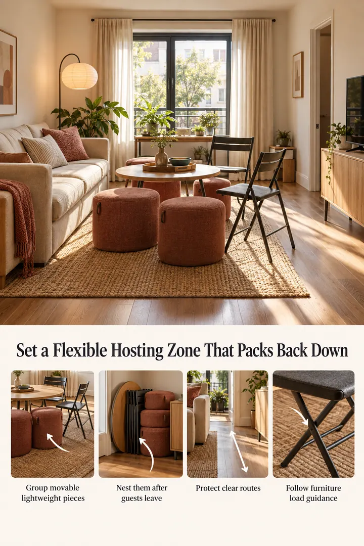 Annotated Educational Photo of flexible hosting zone trend in First apartment living room showing group movable lightweight pieces.