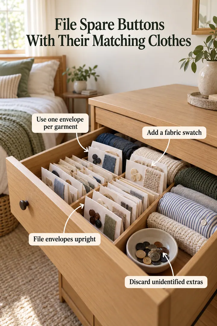 Annotated Educational Photo of spare button envelope index in Bedroom dresser drawer showing use one envelope per garment.
