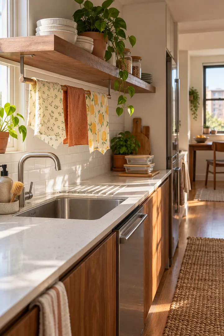 Clean Photo of reusable food wrap drying rail in Galley kitchen sink zone showing drape wraps separately.