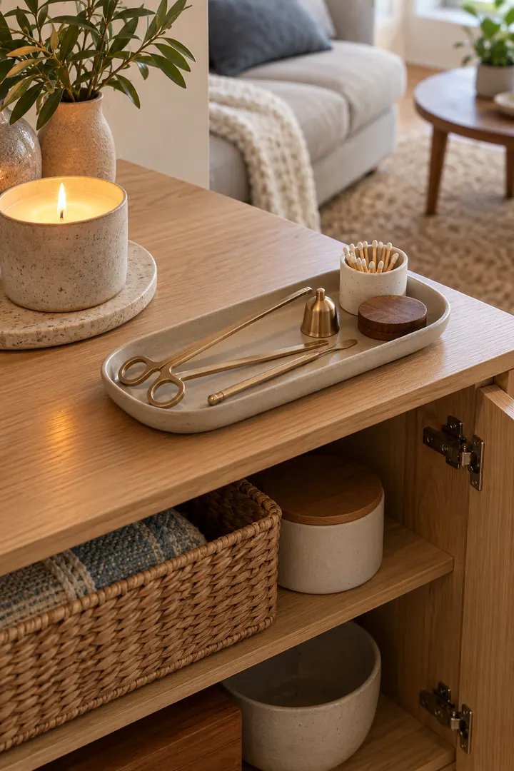 Detail/Lifestyle Photo of candle care tool tray in Living room cabinet showing use one shallow tray.