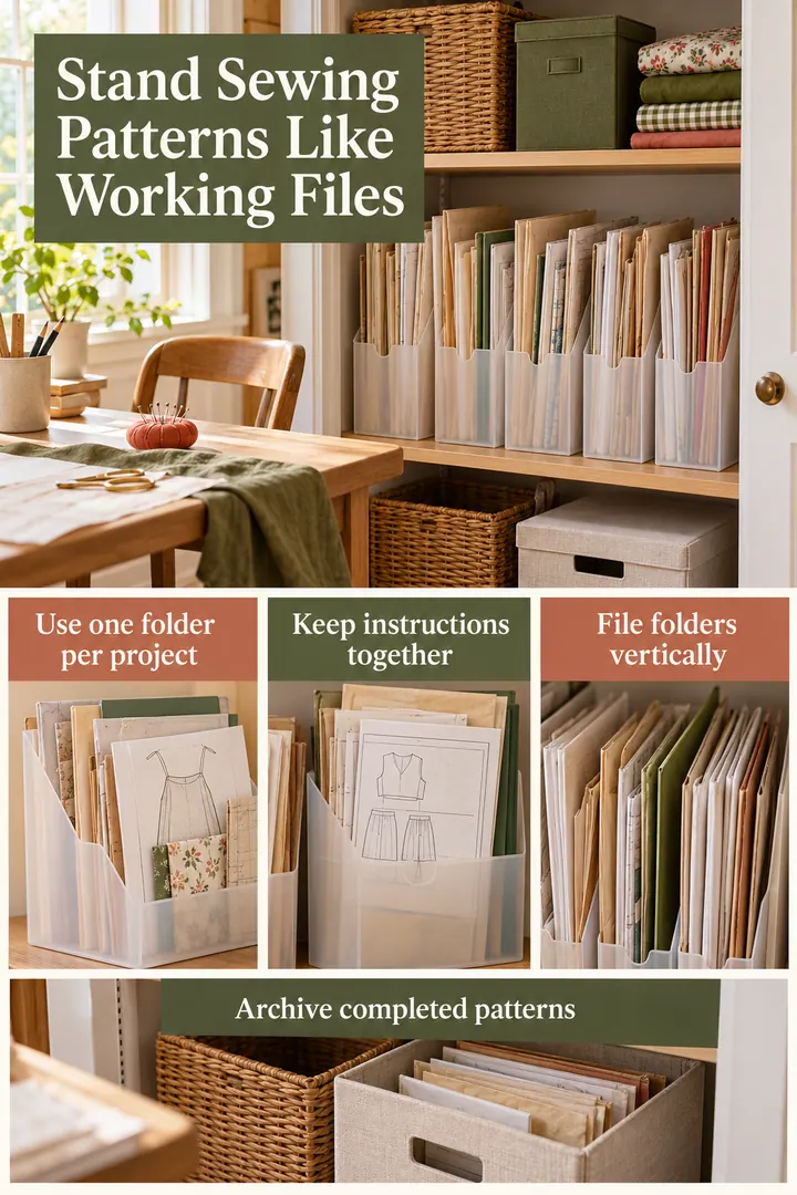 Editorial Educational Collage of sewing pattern vertical folders in Hobby closet showing use one folder per project.
