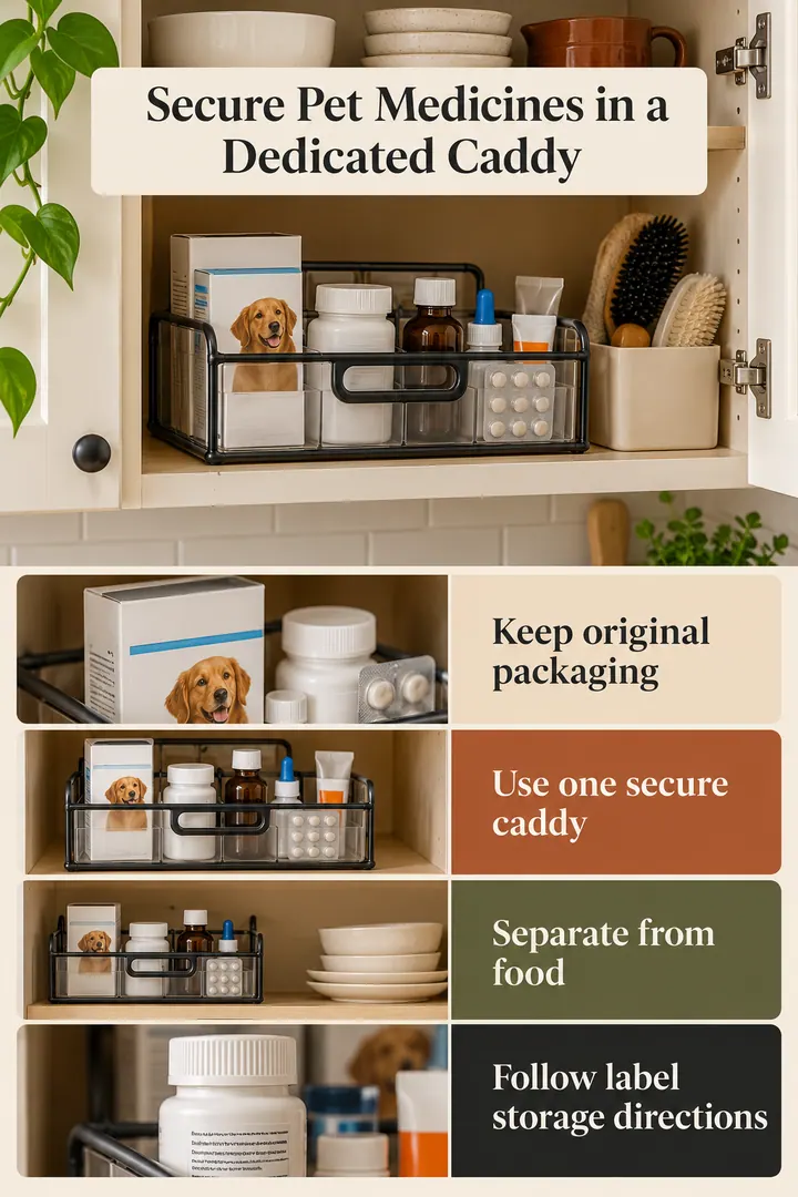 Color Palette Guide of pet medicine secure caddy in Kitchen upper cabinet showing keep original packaging.