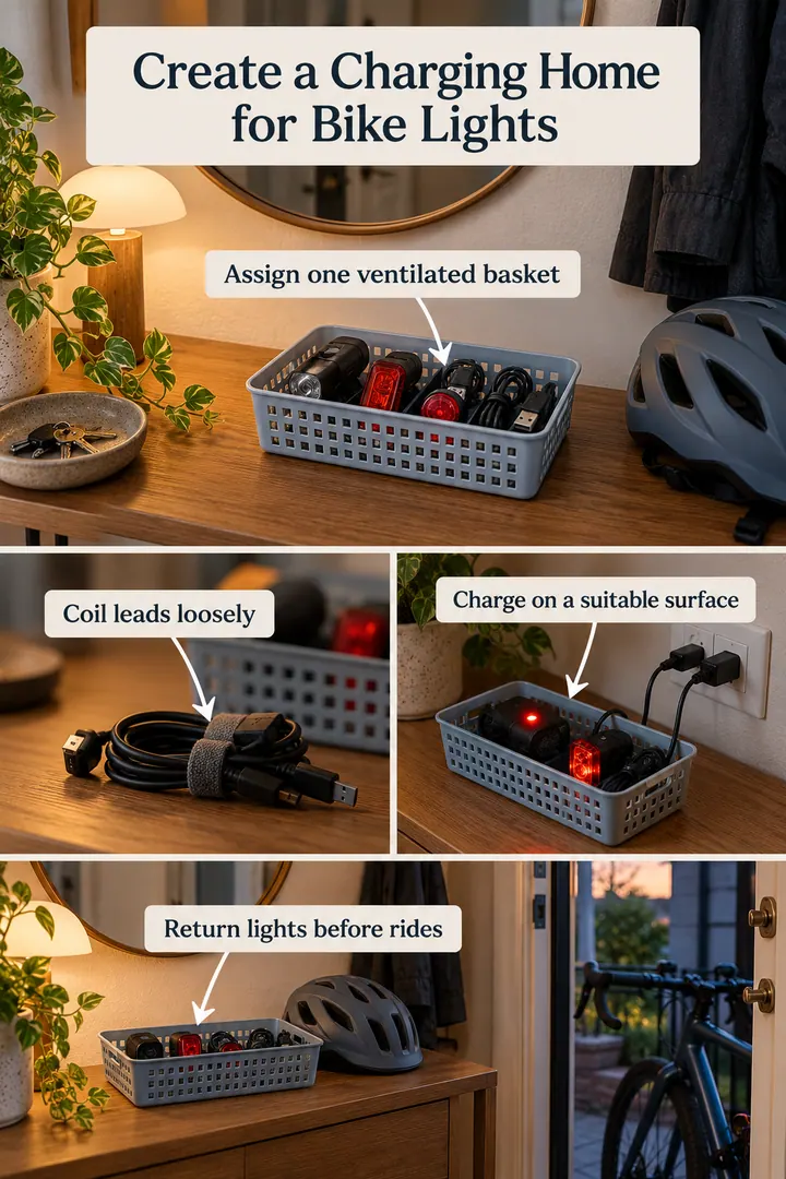 Room-by-Room Visual Guide of bicycle light charging basket in Entry console showing assign one ventilated basket.