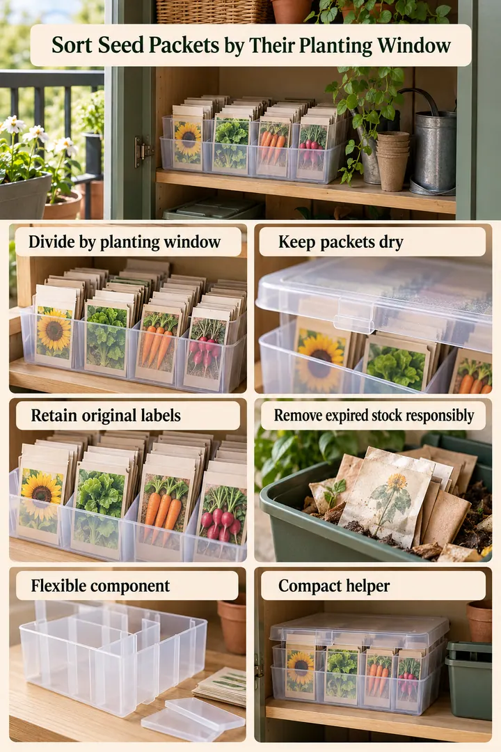 Budget Decor Catalog of seed packet photo box dividers in Balcony cupboard showing divide by planting window.