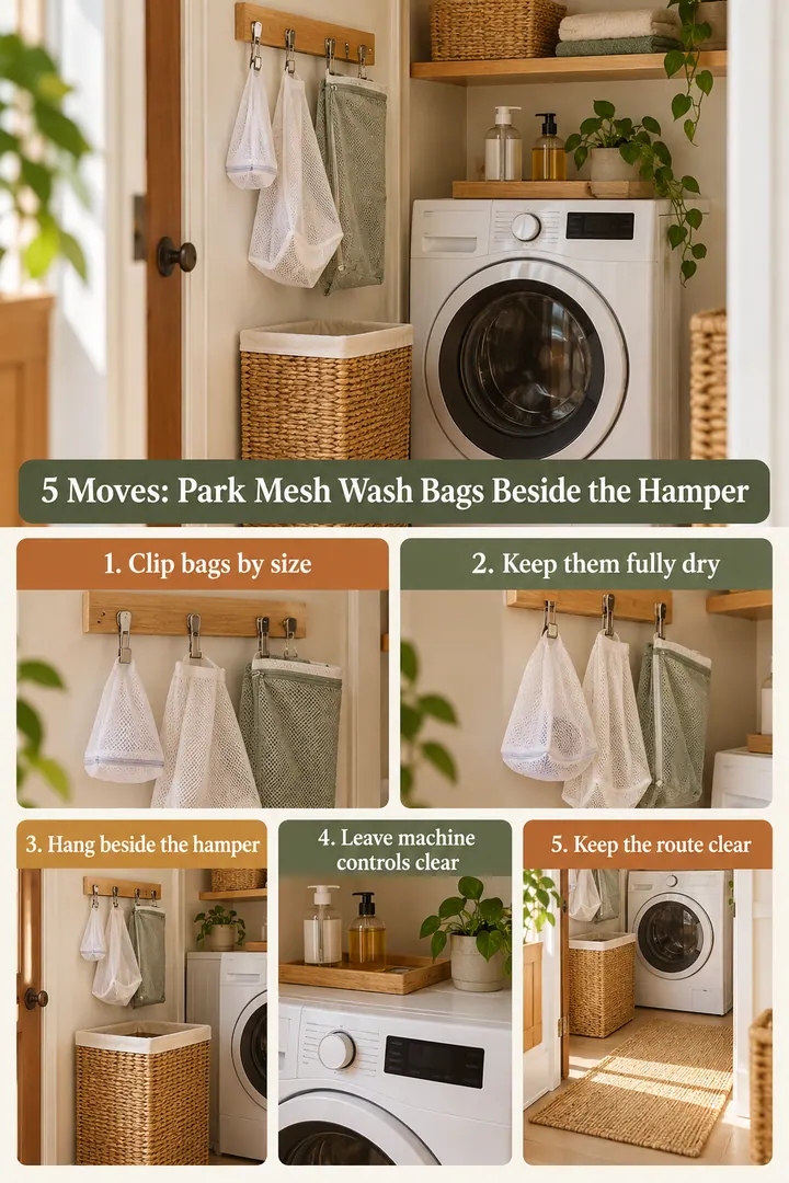 Numbered Ideas Infographic of laundry mesh bag clip station in Laundry closet showing clip bags by size.