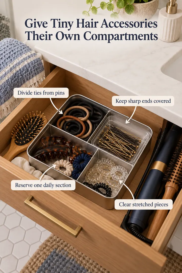 Annotated Educational Photo of hair accessory divided tin in Bathroom vanity drawer showing divide ties from pins.