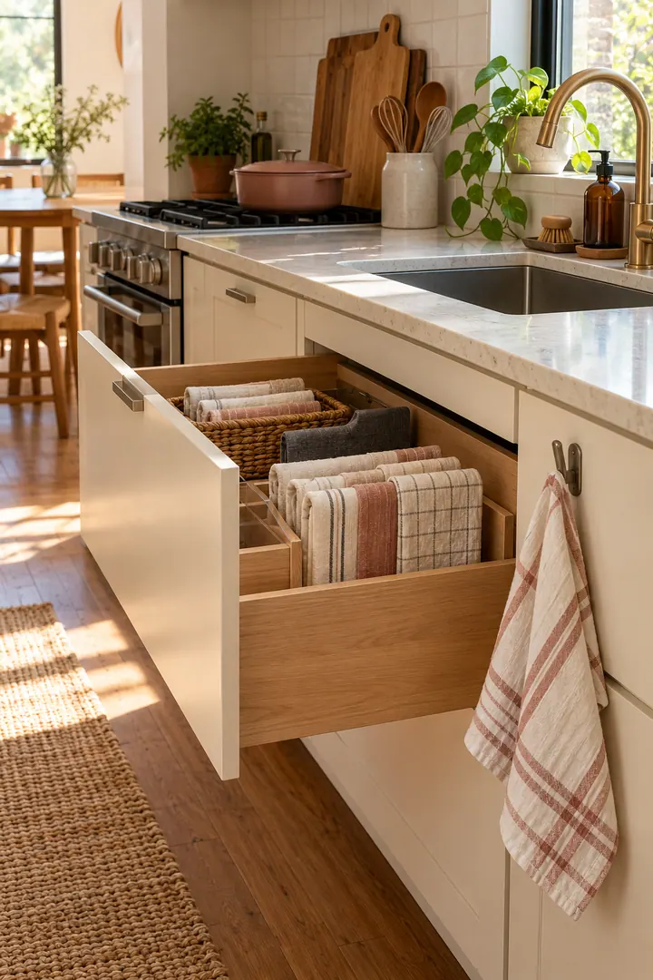 Clean Photo of kitchen towel clean-use rotation in Kitchen drawer showing fold clean towels vertically.