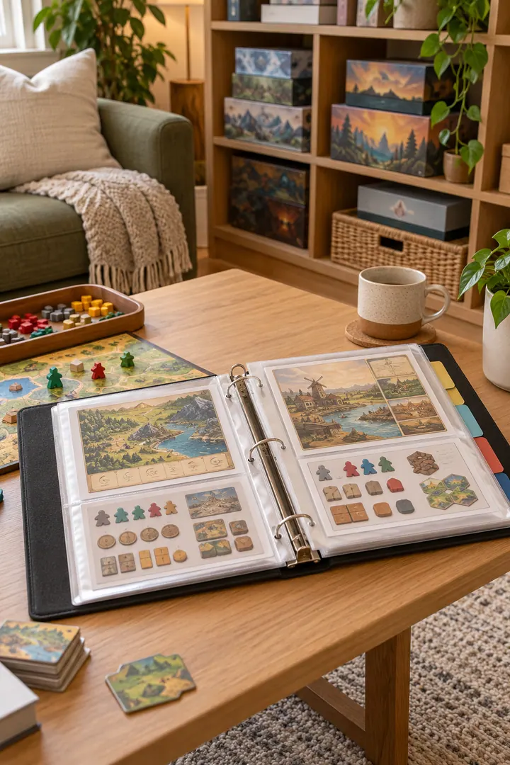 Detail/Lifestyle Photo of board game rulebook binder in Living room media shelf showing use clear sleeves by title.