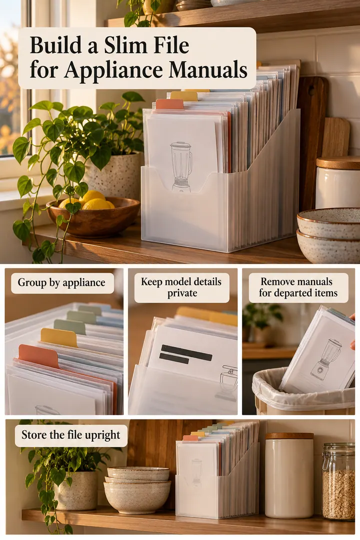 Editorial Educational Collage of appliance manual accordion file in Kitchen utility shelf showing group by appliance.
