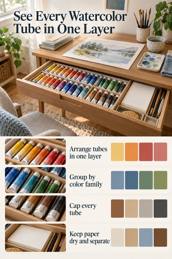 Color Palette Guide of watercolor tube shallow tray in Home office art drawer showing arrange tubes in one layer.