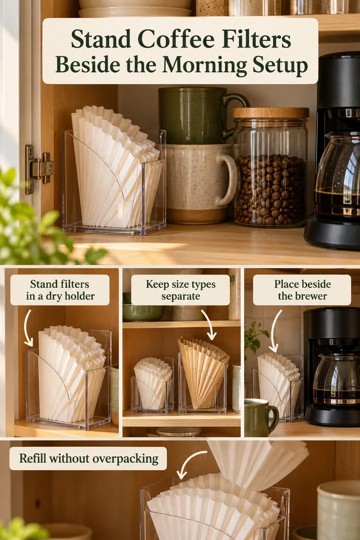 Room-by-Room Visual Guide of coffee filter upright dispenser in Breakfast cupboard showing stand filters in a dry holder.