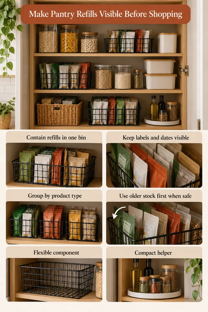 Budget Decor Catalog of pantry refill packet backstock in Kitchen pantry showing contain refills in one bin.