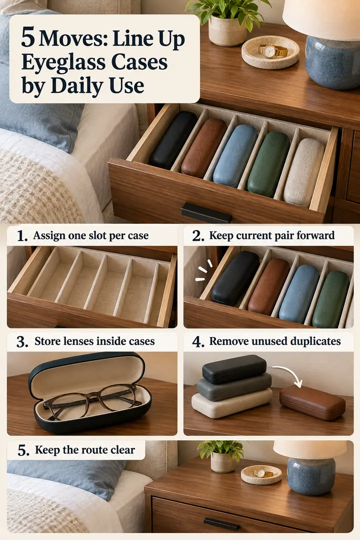 Numbered Ideas Infographic of eyeglass case drawer slots in Bedroom nightstand drawer showing assign one slot per case.