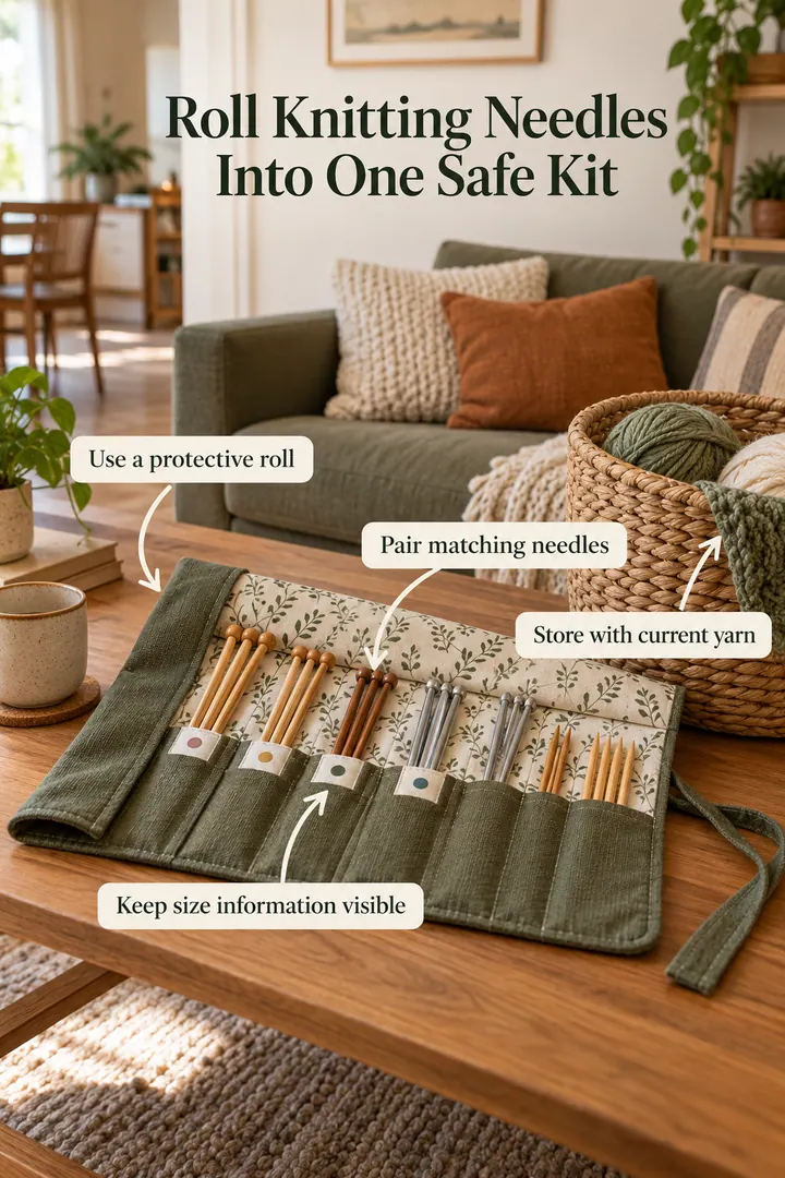 Annotated Educational Photo of knitting needle fabric roll in Living room craft basket showing use a protective roll.