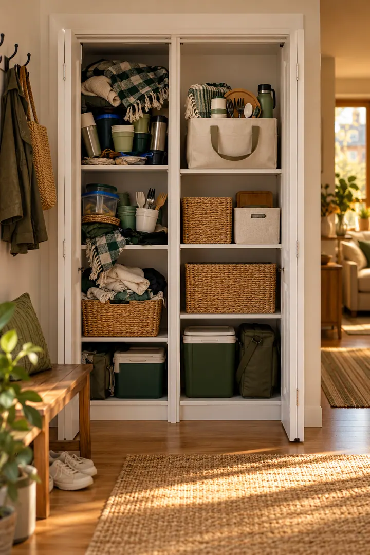 Clean Photo of picnic kit shelf tote in Hall closet showing build one lift-out tote.