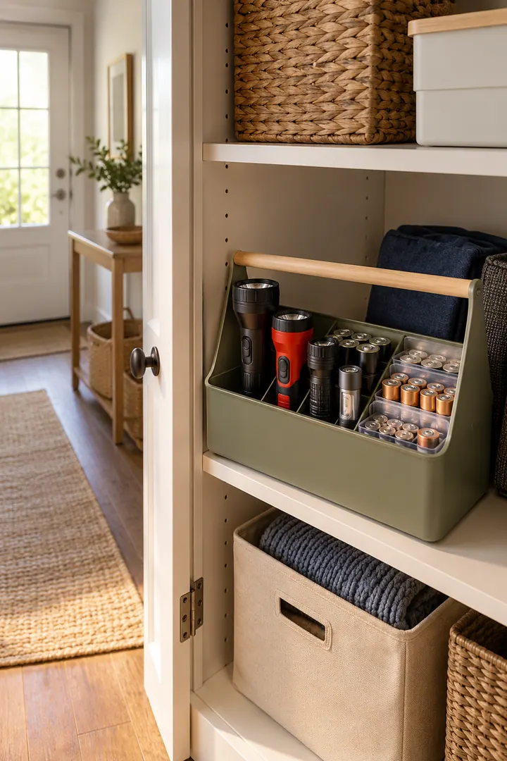 Detail/Lifestyle Photo of emergency flashlight battery caddy in Hall cupboard showing group flashlights together.