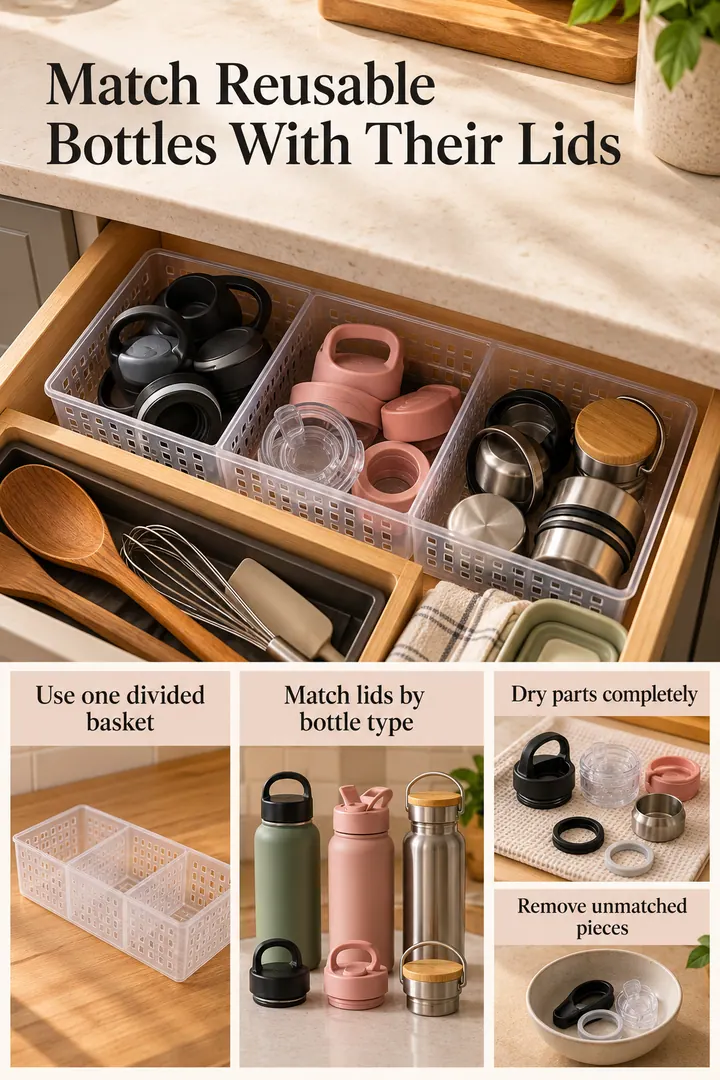 Editorial Educational Collage of reusable bottle lid basket in Kitchen drawer showing use one divided basket.